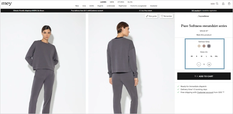mey product page designed with hyva