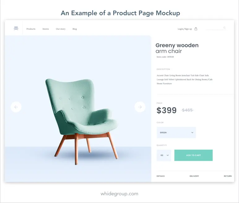 An example of a product page mockup for a website project plan
